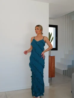 Vestido volantes crepe petroleo